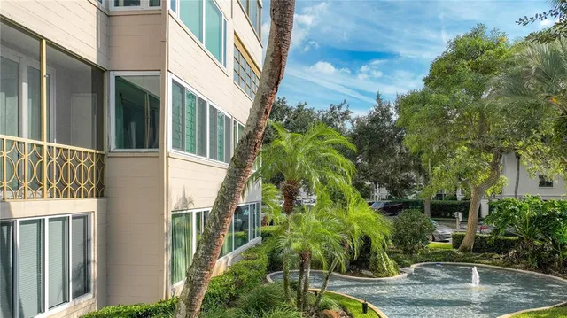 a view of a swimming pool with a garden and plants