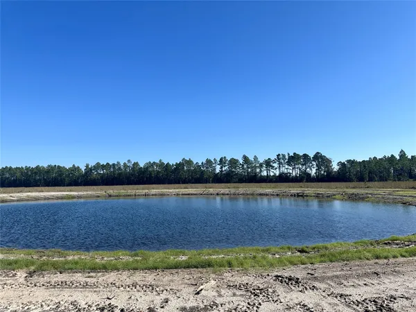 a view of a lake with houses in the background