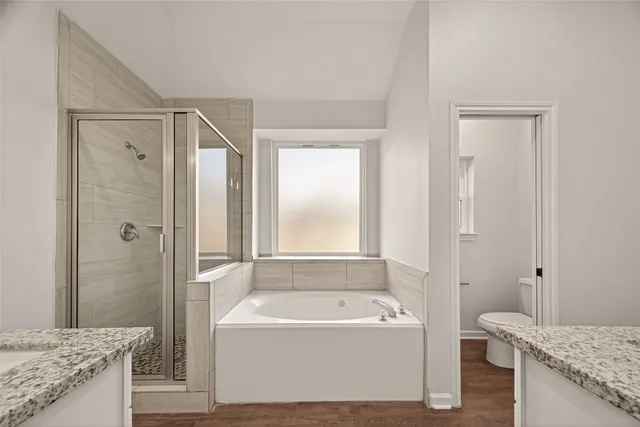 a bathroom with a granite countertop tub sink and mirror with shower