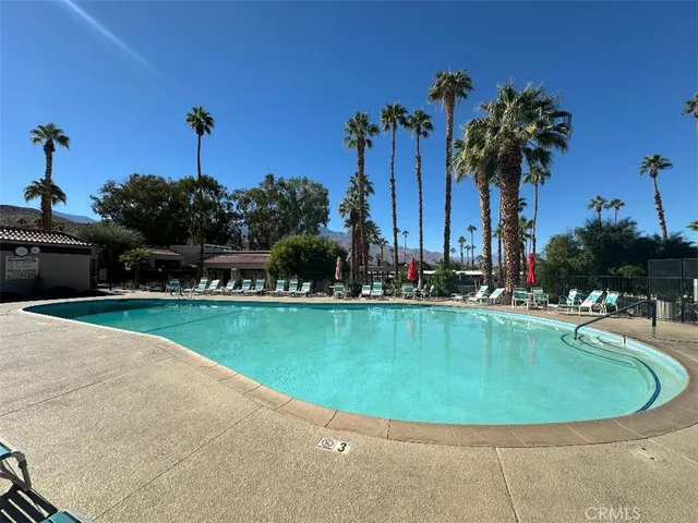 a view of a swimming pool with a yard and palm trees