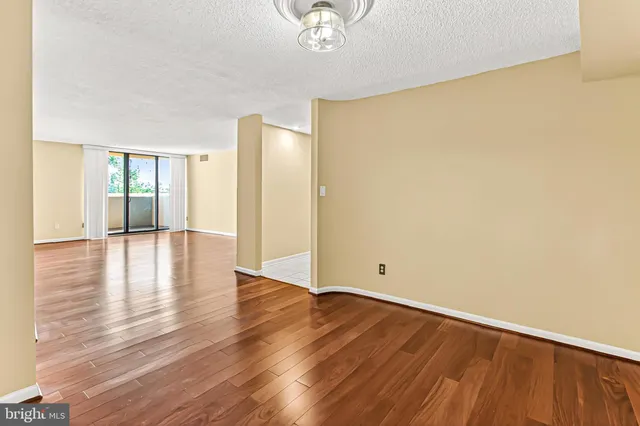 a view of empty room with wooden floor