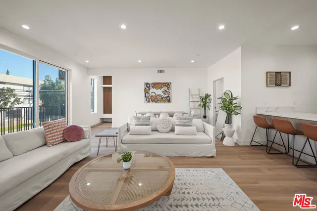 a living room with furniture potted plant and a large window