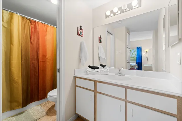 a bathroom with a sink toilet vanity and shower