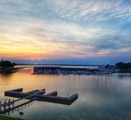 wooden view of a lake with a city