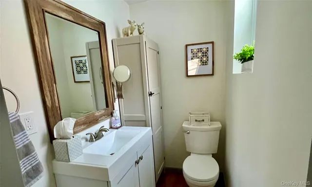 a bathroom with a toilet sink and mirror