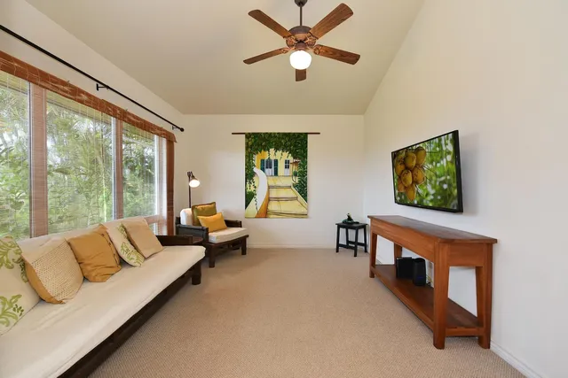 a living room with furniture two windows and a flat screen tv