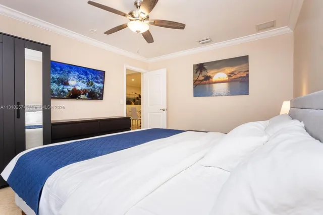 a bedroom with a bed and a flat screen tv