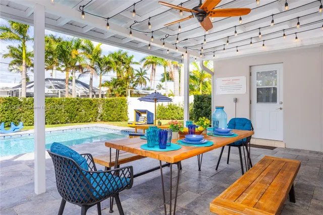 a outdoor dining space with furniture and outdoor view