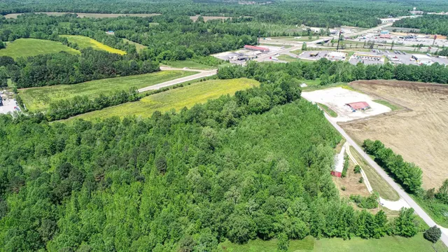 an aerial view of residential houses with outdoor space and trees