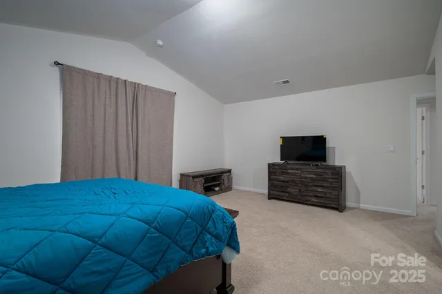 a bedroom with a bed and a television