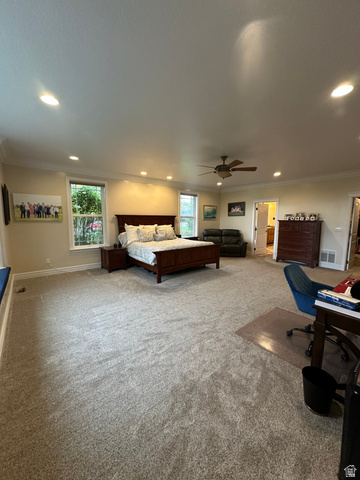 3145 South 500 West Vernal, UT 84078 - Photo 51 of 64 Bedroom with light colored carpet, recessed lighting, ornamental molding, a desk, and ceiling fan