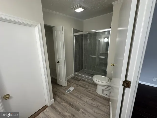 a bathroom with a granite countertop shower and a toilet