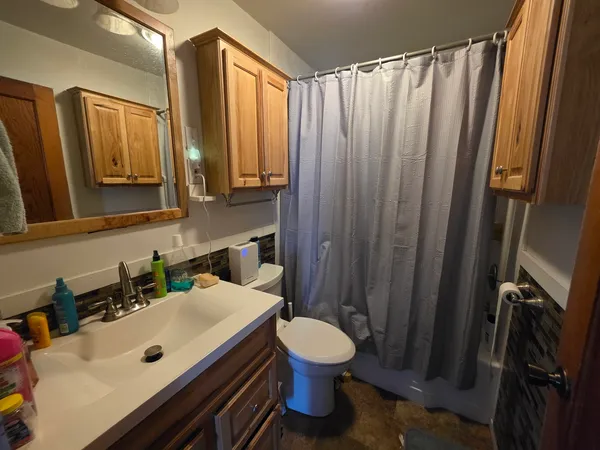 a bathroom with a sink a toilet and mirror