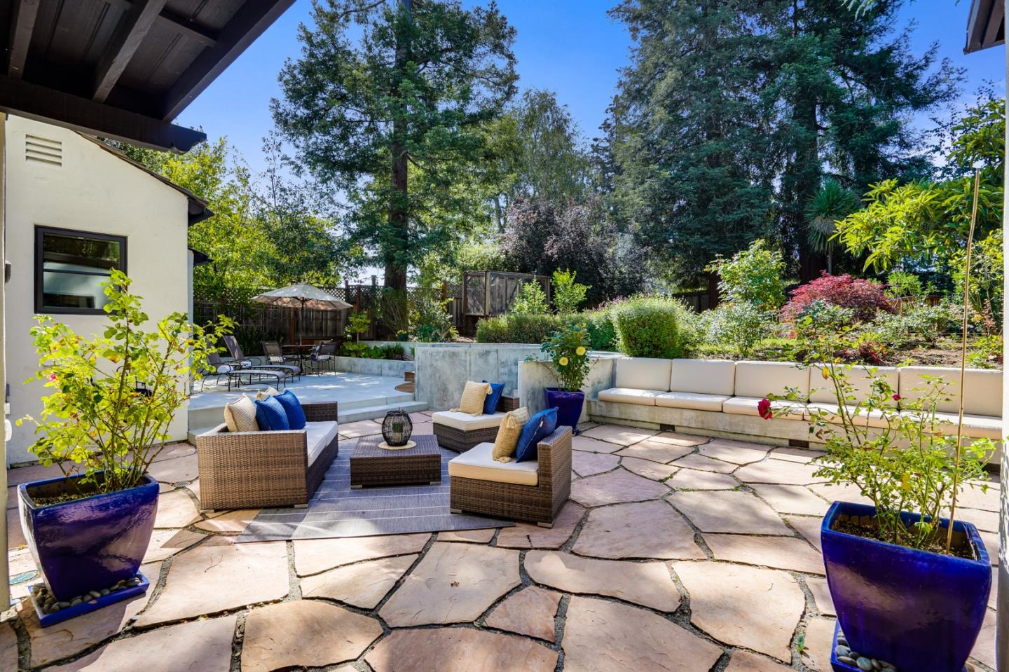 472 Edgewood Road San Mateo, CA 94402 - Photo 58 of 77 a view of a patio with couches potted plants and a large tree