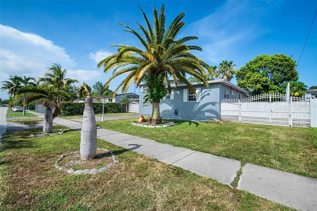 a palm tree sitting in front of a house with a big yard