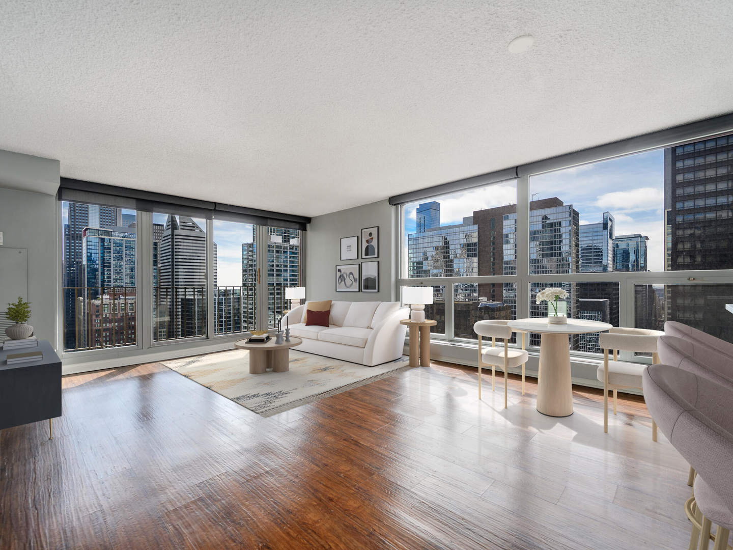 200 North Dearborn Street, Unit 3303 Chicago, IL 60601 - Photo 3 of 22 a living room with fireplace furniture and a large window