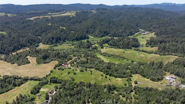 an aerial view of green landscape with trees houses and mountain view
