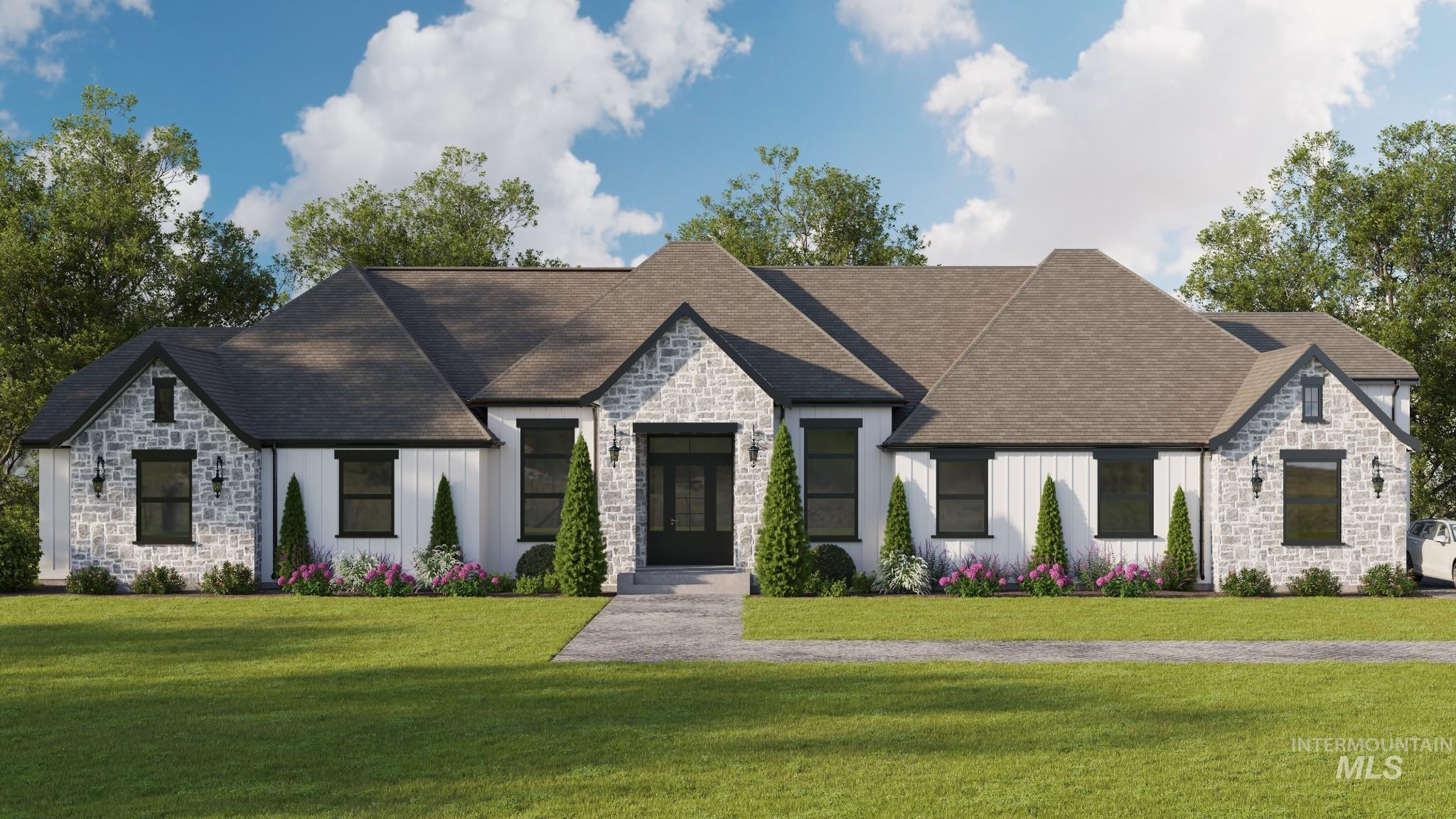 17244 Triple Crown Place Caldwell, ID 83607 - Photo 6 of 8 View of front of house with stone siding, board and batten siding, a front yard, and a shingled roof
