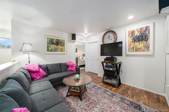 a living room with furniture a rug and a window