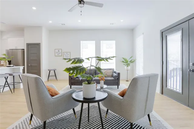 a view of a dining room with furniture