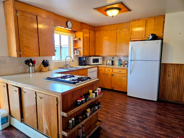 a kitchen with wooden cabinets and a refrigerator