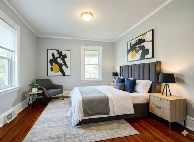 a view of empty room with wooden floor and fireplace