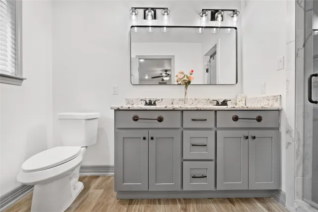 a bathroom with a toilet a sink a vanity and mirror