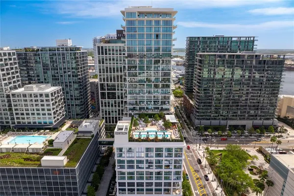 a view of a city with tall buildings