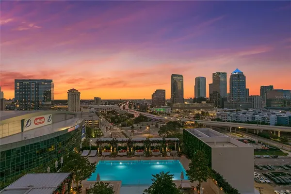 a city view with tall buildings