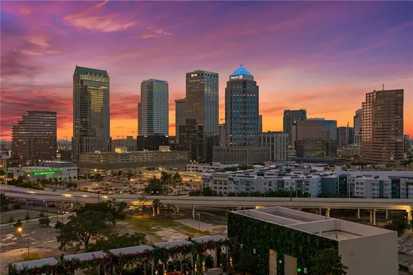 a city view with tall buildings