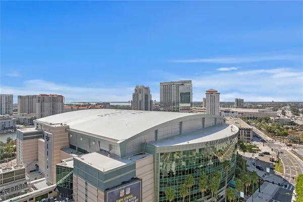 a city view with tall buildings