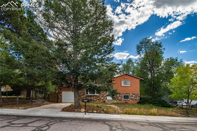 a view of a house with a yard and large tree