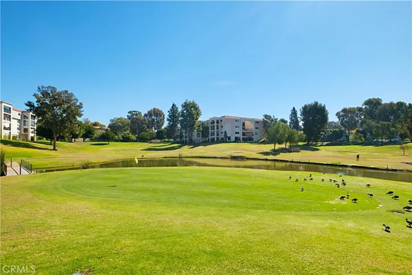 a view of a lake with houses in the back