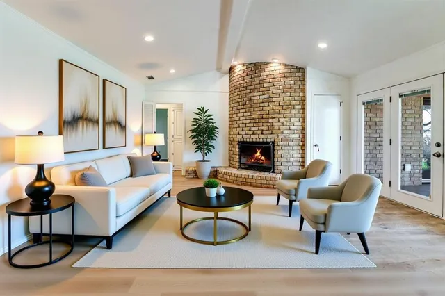 a front view of a house with a yard and trees