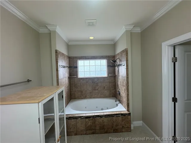 a bathroom with a bathtub and a shower