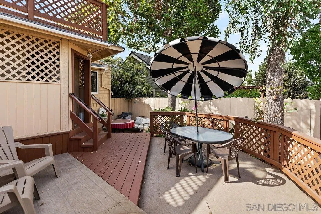 4531 Date Avenue La Mesa, CA 91941 - Photo 31 of 34 a view of a roof deck with table and chairs under an umbrella with wooden floor