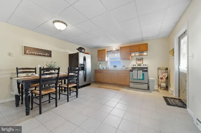 a view of a dining room with furniture