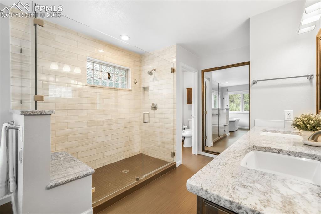 19010 Deerfield Road Monument, CO 80132 - Photo 27 of 50 a bathroom with a granite countertop sink and a mirror