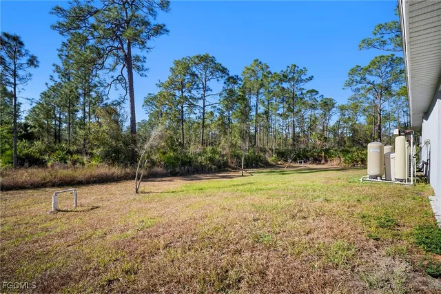 a view of a field with trees in the background