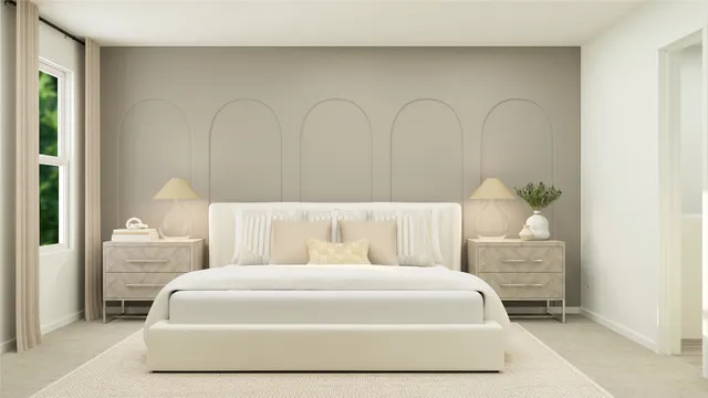 a bedroom with a bed and a potted plant