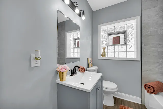 a bathroom with a sink mirror and toilet