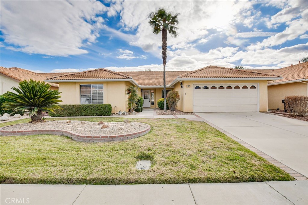 a view of a house with a yard and palm trees