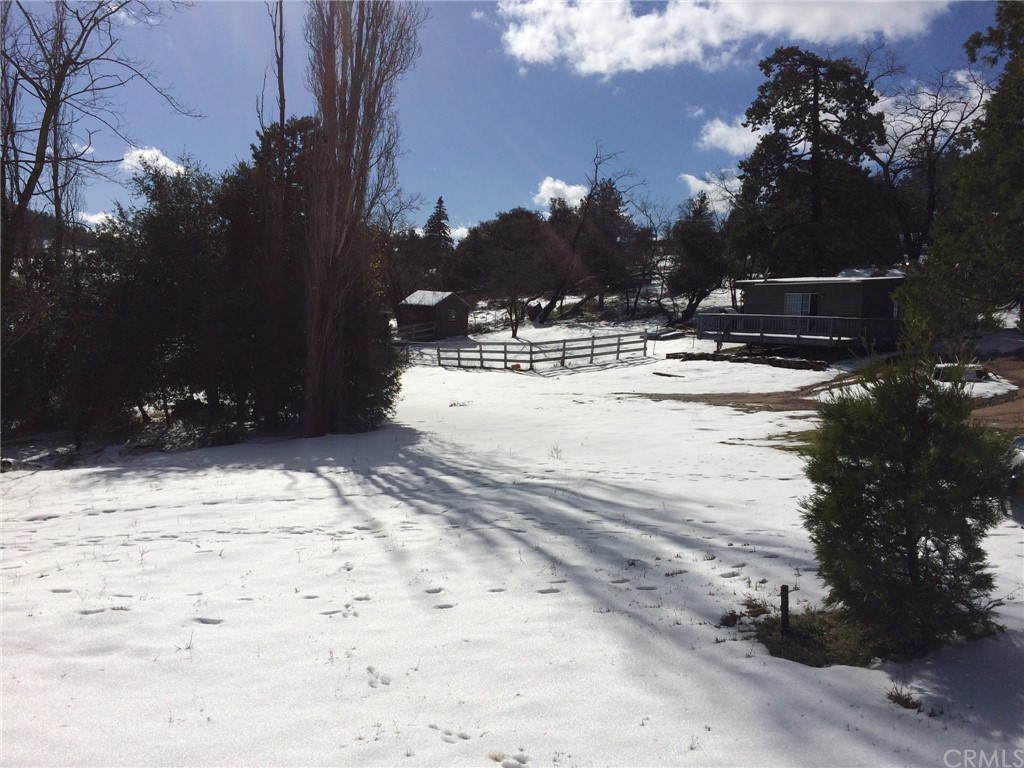 a view of a yard with snow on the road