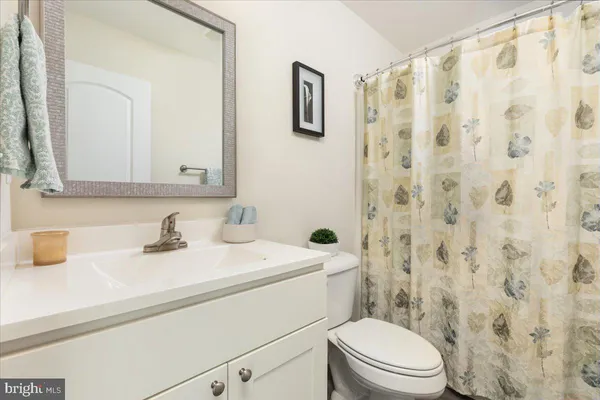 a bathroom with a sink a toilet and shower curtain