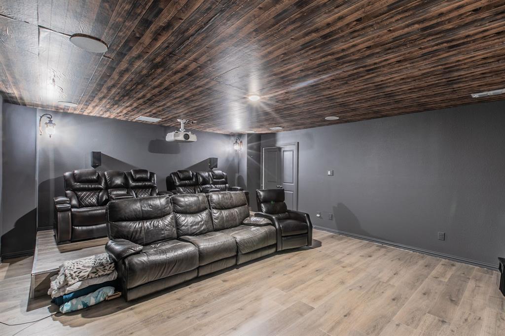 2521 Maidenhair Road Frisco, TX 75033 - Photo 29 of 39 Dedicated media room featuring a wood-finish plank ceiling, light wood-finish flooring, and dark gray walls