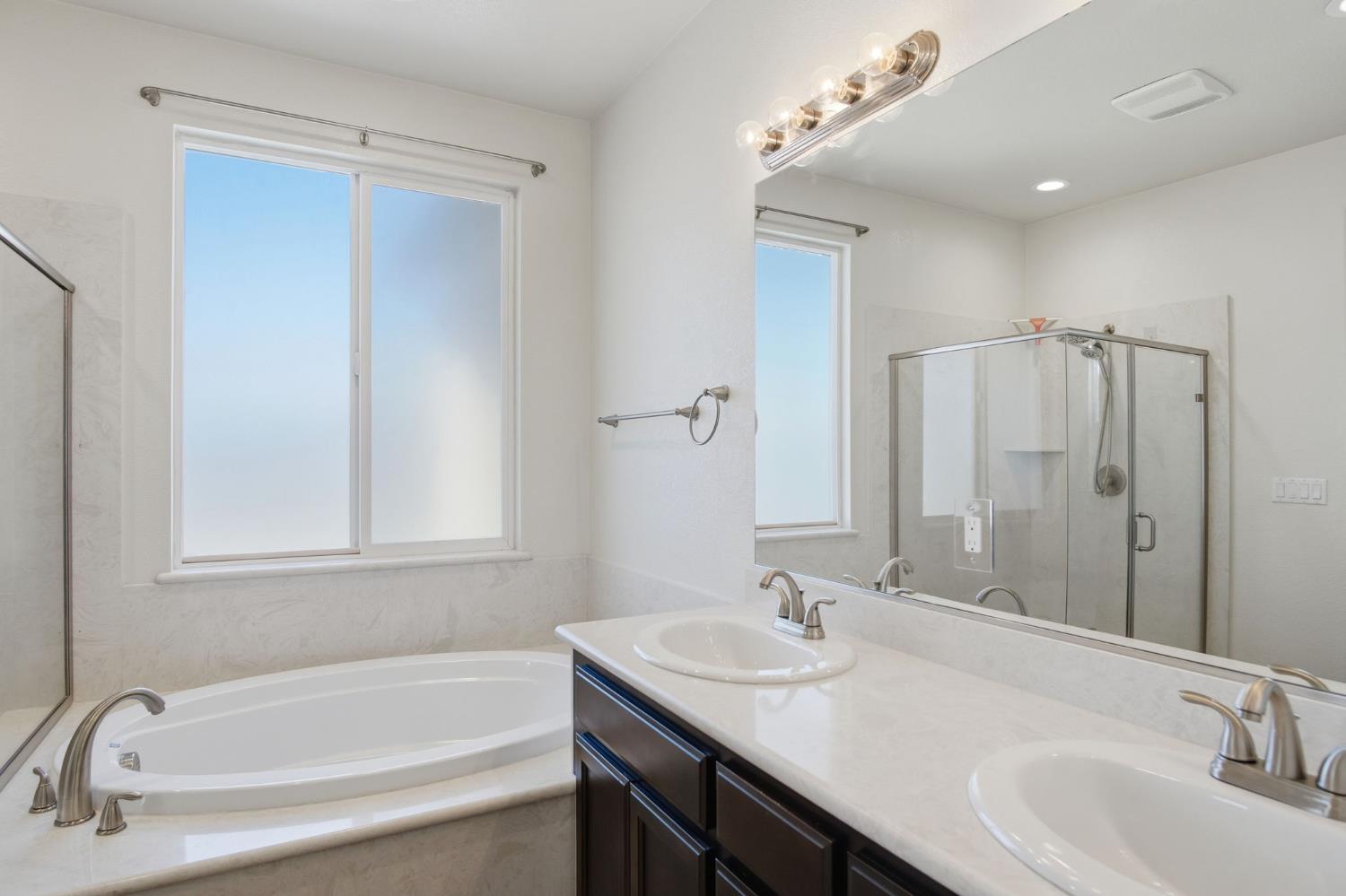 4113 Snowfire Drive Modesto, CA 95357 - Photo 16 of 19 a bathroom with a tub sink and mirror