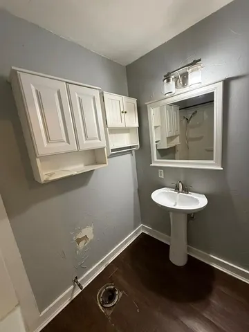 a bathroom with a sink and a mirror