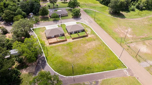 an aerial view of a swimming pool