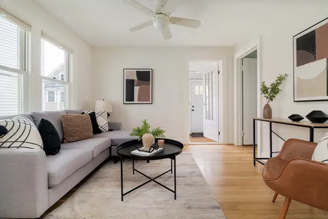 a living room with furniture potted plant and a window