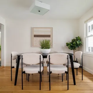 a view of a dining room with furniture and potted plant